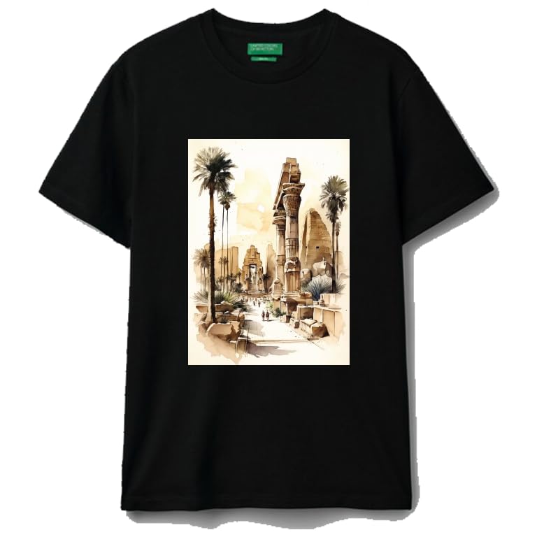 Black cotton t-shirt Ancient Egypt Art Crew Neck Temple and Palm Trees Design Pyramid, size (S)