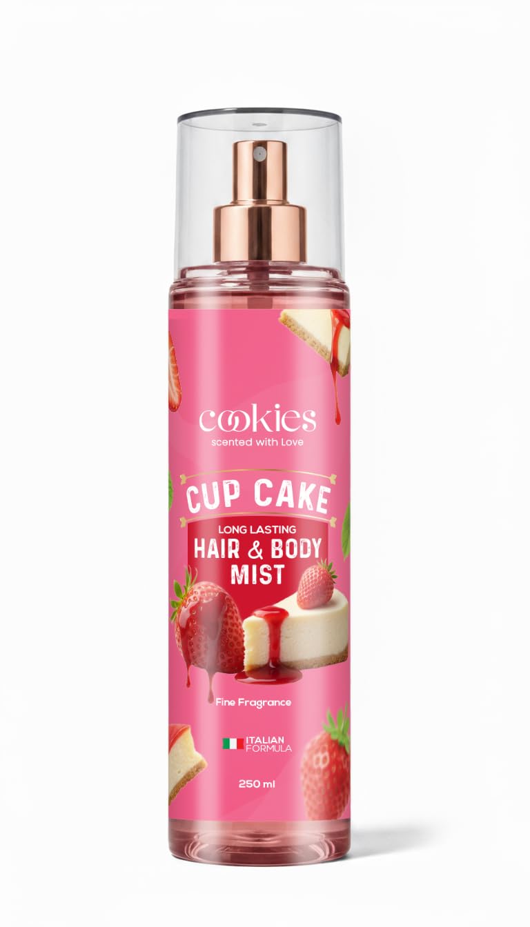 Cookies Cup Cake Hair Body Mist 250ml | Long Lasting Fine Fragrance | Strawberry Vanilla Scent | Italian Formula | Cruelty Paraben Free