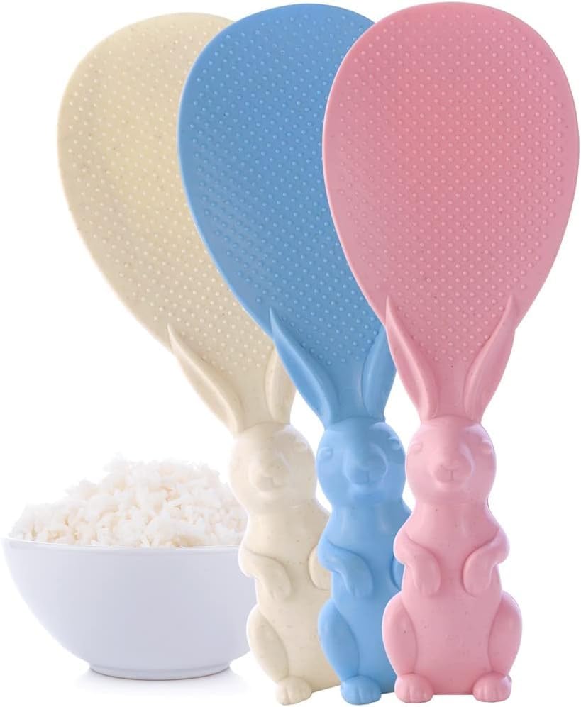 HAPPY HOME 3 Pieces Rabbit Shape Rice Paddle Spoon Non-stick -up Paddle Standing Cooker Spoon Stand-able Rice Serving Spoons Vertical Scoop
