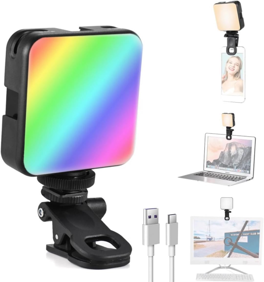 Selfie Light with Clip for Phone and Laptop, Portable LED Video Light, 3 Modes, 13 Lighting Effects, 3200-6500 K, USB Rechargeable Fill Light for Photos, Vlogs and Video Calls AY-83