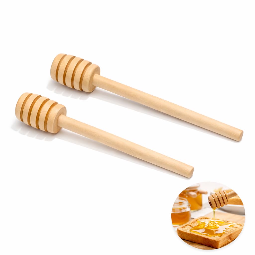 OVA 2PCS Wooden Honey Spoon 17cm – Natural Wood Honey Dipper Sticks for Honey Jar, Tea & Dessert – Grooved Honey Drizzler Stirring Stick for Kitchen, Coffee, Breakfast & Beekeeping Honey Server
