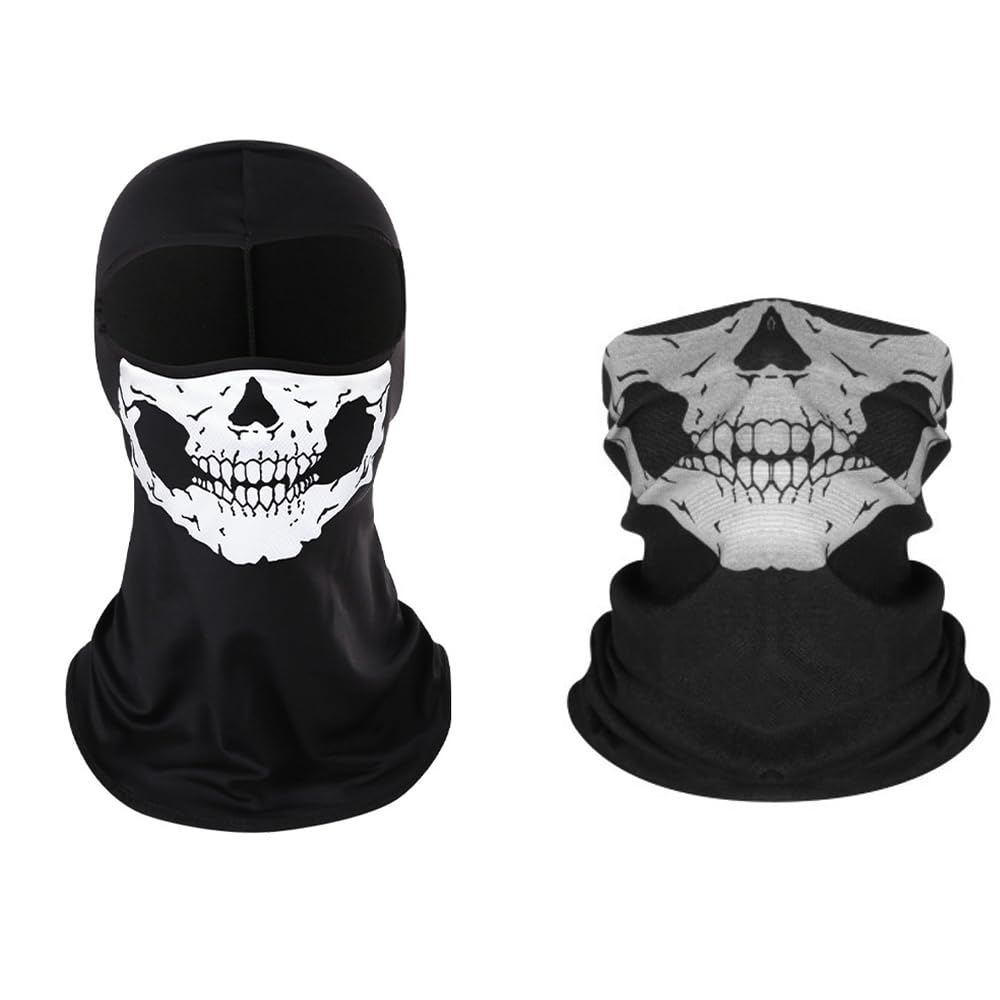 2 Pieces Skull Balaclava Ghost Mask, Motorcycle Balaclavas for Men, Full Face Ghosts Men's Balaclavas, for Bike Motorcycle Skateboard Ski Cosplay Costume, Black, Black, 1