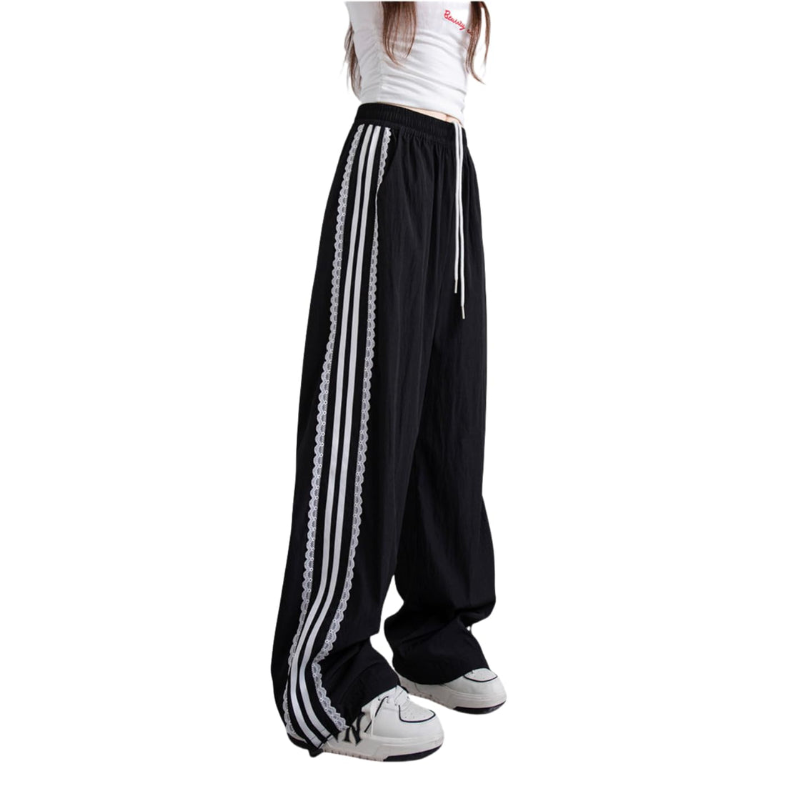 SHOWDAY Women's Lace Striped Wide Leg Pants, High Waist, Loose Fit, Breathable, Quick Dry pants for Womens Lace Pants Striped Pants
