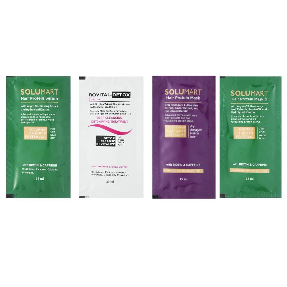 Hair Care Routine "Solumart serum, Solumart Hair protein mask one of dry and damaged hair and one of thick and weak hair and Rovital-Detox shampoo" Bundle of 4 Sachets