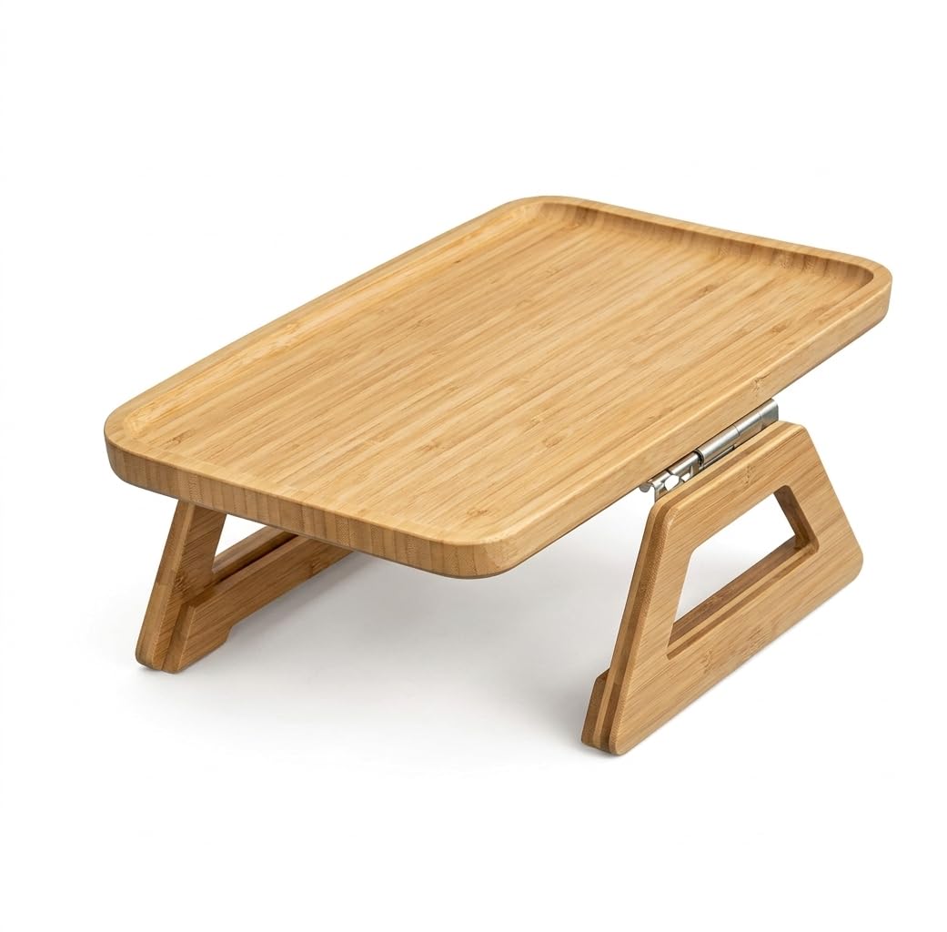 Wooden Sofa Arm Clip-On Tray Table – Foldable Couch Armrest Side Table for Snacks, Drinks & Remote – Portable Space-Saving Sofa Arm Tray (Natural Log Color)