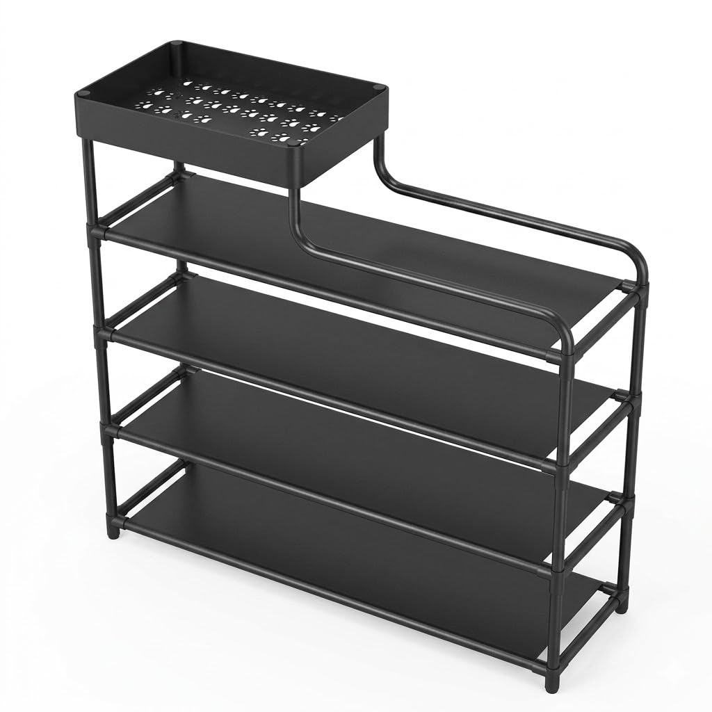 Generic 5-Tier Shoe Rack with Top Shelf,Heavy-Duty Material, 110x25x65 cm, Modern Style, Entryway Organizer. (Black)