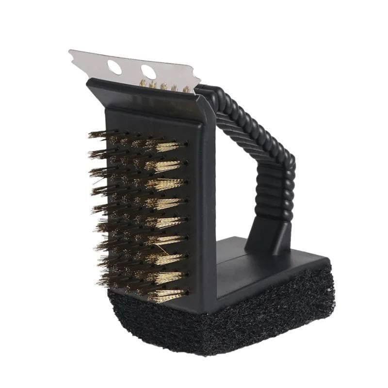 3-in-1 BBQ Grill Cleaning Brush with Brass Wire Bristles, Abrasive Sponge Pad and Steel Scraper Blade, Heavy-Duty Grill Cleaner for Gas Charcoal and Electric Grills