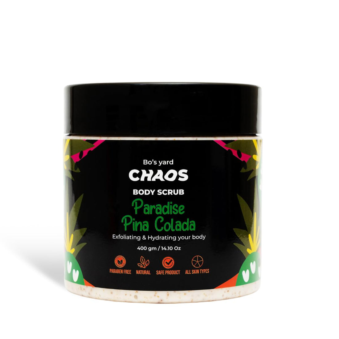 Chaos Paradise PinaColada Body Scrub, Natural Exfoliating Formula, Tropical Scent, Apricot Seed, Triple Hydration Blend (Shea Butter, Coconut Oil, Cocoa Butter), for Sensitive Skin, 400g