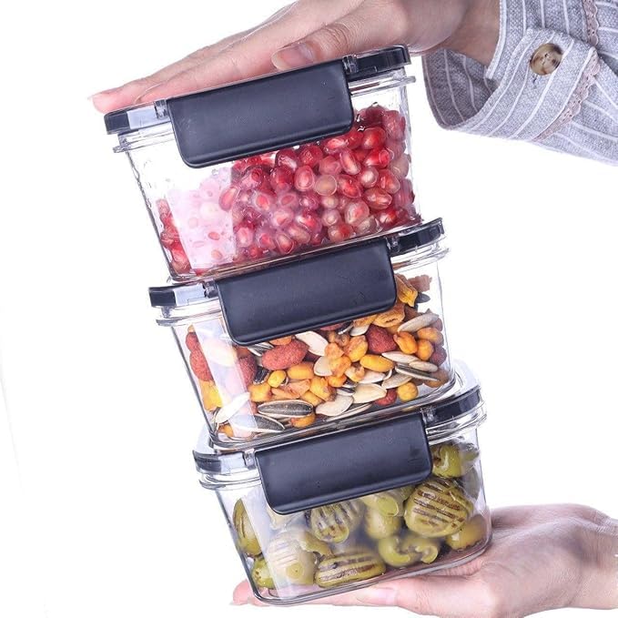 Generic Acrylic Refrigerator Food Container Set, 3 Pieces 400 mL Each, Airtight Lock with Clear Silicone Sealing Sides, Transparent Storage Boxes for Fresh Food, Fridge, Kitchen Organization.