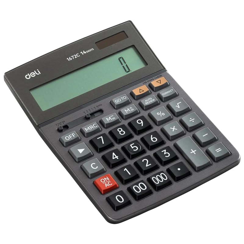 Deli E1672C 14 Digits Dual Power Calculator, Dark Grey