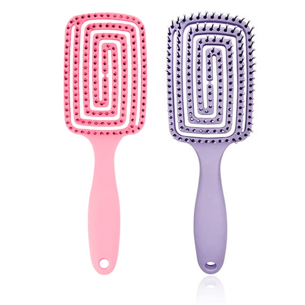Hair Comb Detangle Brush Detangling Brush, Perfect Curved & Vented Design Detangler Hair Brush for Women Long, Thick, Curly and Tangled Hair Blow Dryer Brush, Pink+Purple, 2 PCS