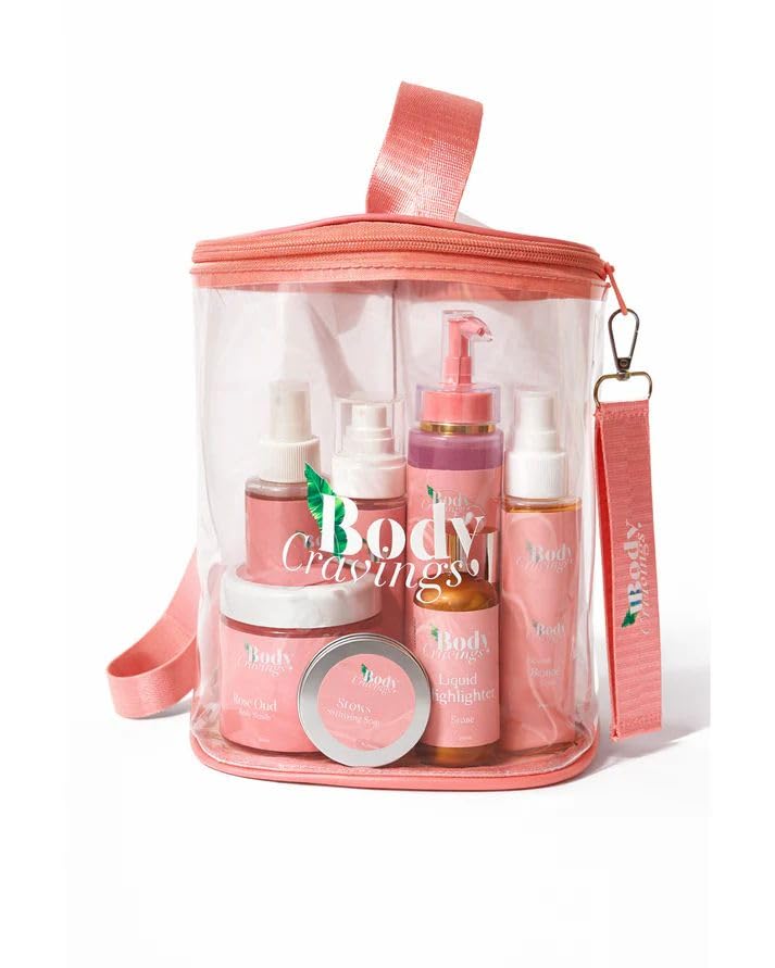 BODY CRAVINGS Glow Pouch Beauty Bag Set for Women – Clear Travel Organizer with Body Scrub, Body Mist, Liquid Highlighter, Tanning Oil & Lip/Body Tint – Skincare & Beauty Gift Set