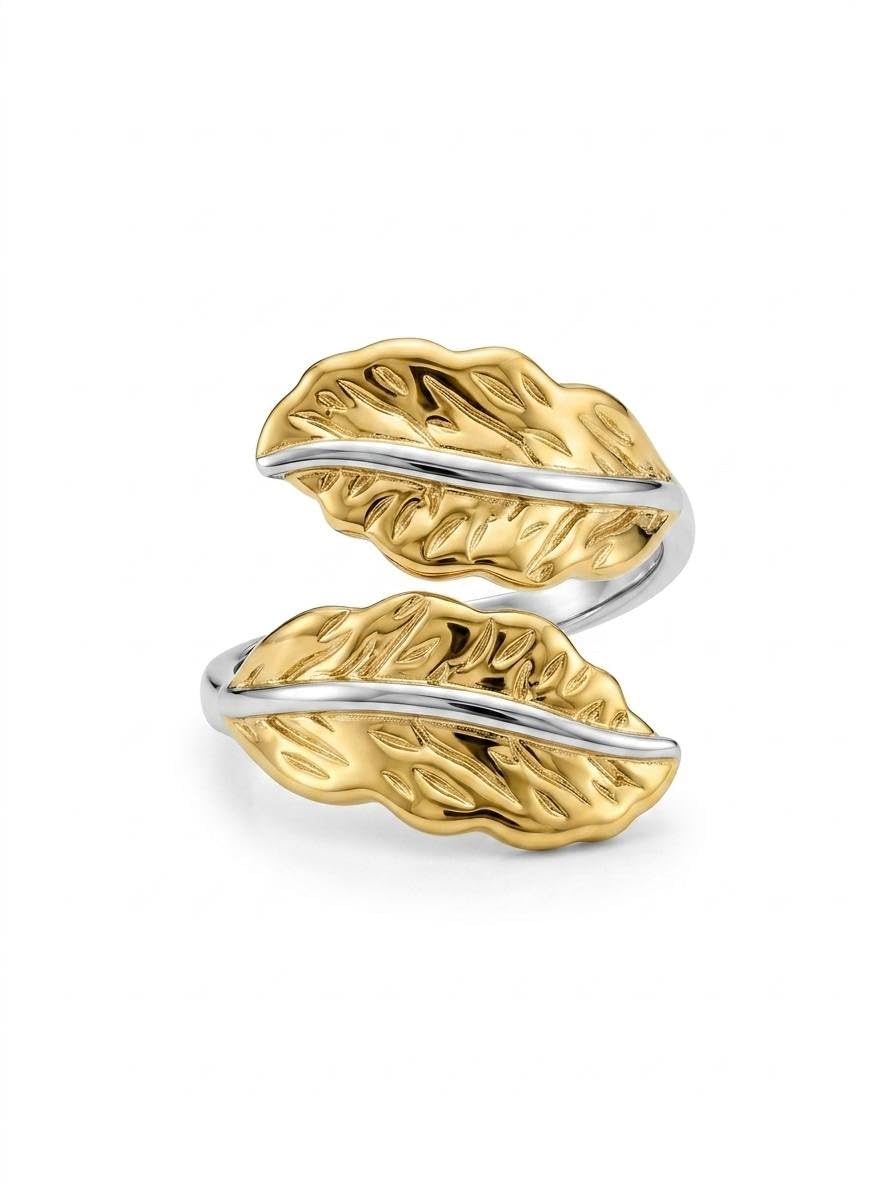 Adjustable Leaf Wrap Ring for Women – Two Tone Gold & Silver Open Ring, Fashion Statement Jewelry for Daily Wear & Gifts
