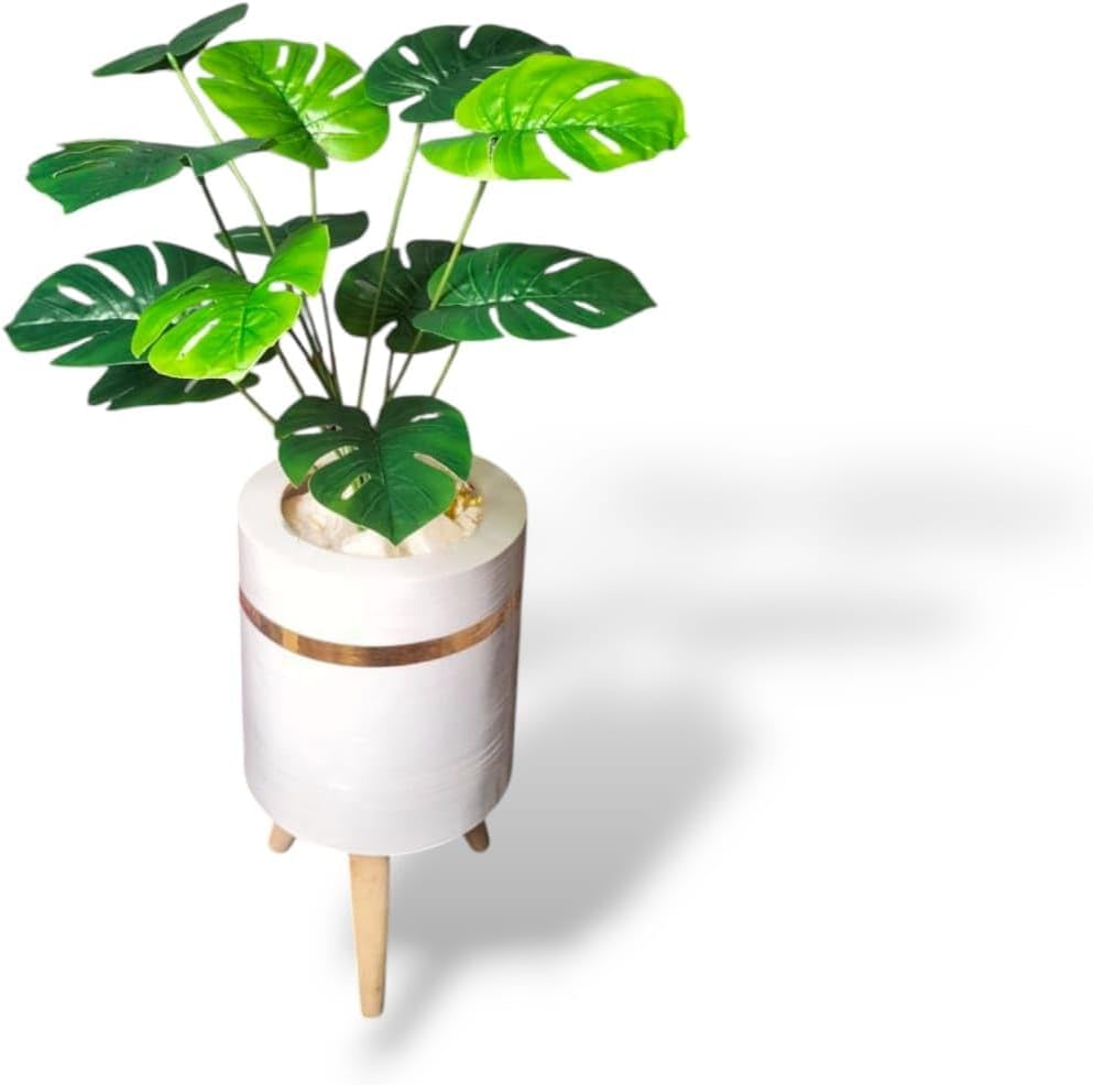 Artificial Decorative Plant in Pot Modern White Gold with Wooden Stand