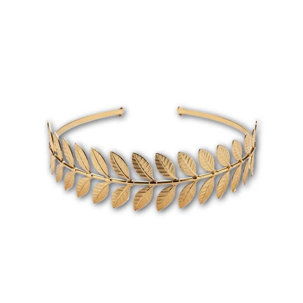 Boho Golden Leaf Headpiece - Lightweight, adjustable leaf-shaped crown with shimmering gold accents, ideal for bridal, Halloween, or artistic events.