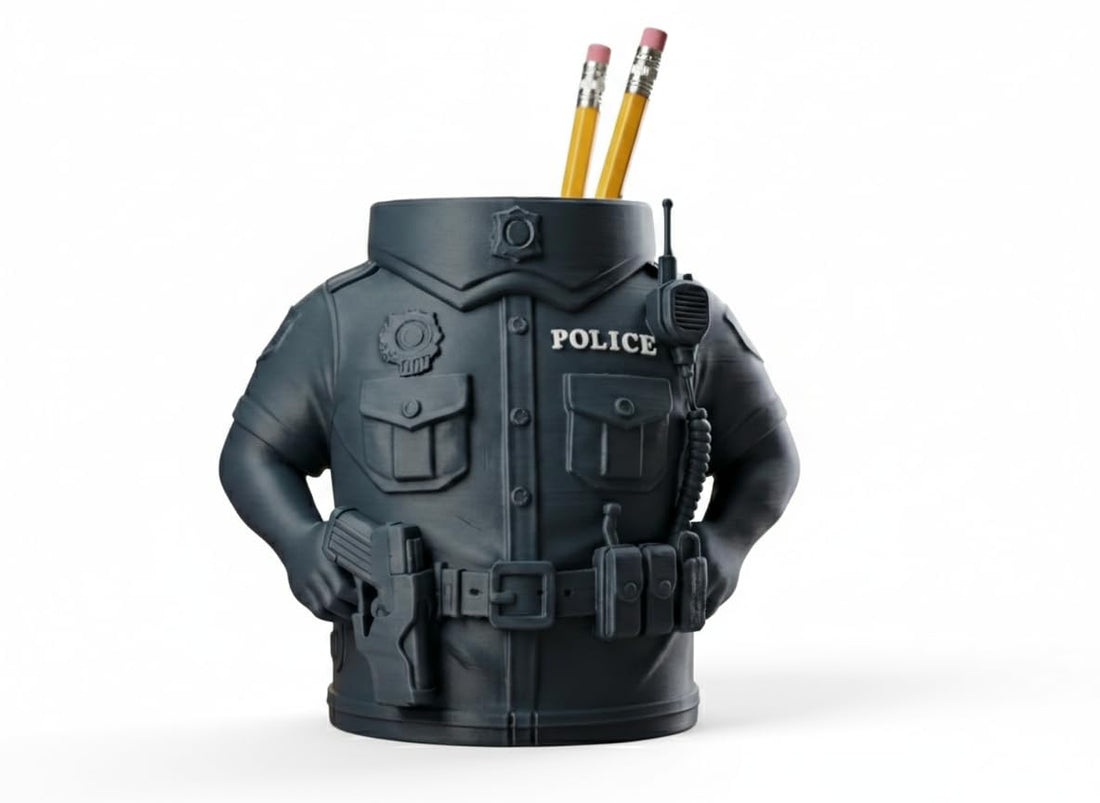 Police Officer Uniform Pen Holder, Desk Organizer with Detailed Tactical Gear Design, Dark Grey Resin Pencil Holder