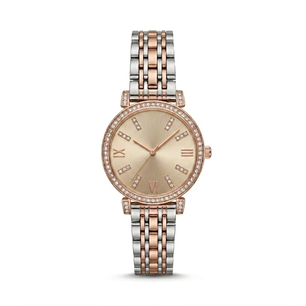 Women's Luxury Two-Tone Silver Rose Gold Crystal Encrusted Dial Elegant Bow Watch - Quartz Movement and Polished Metal Bracelet