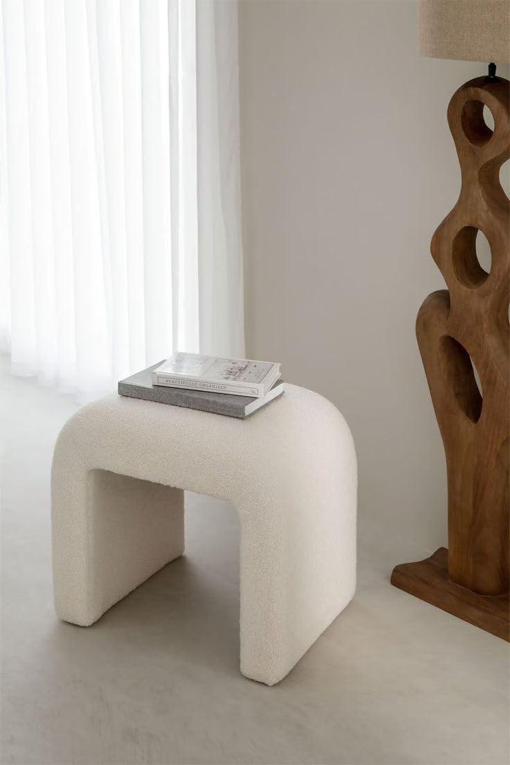 Elegant Curved Bench Pouffe, Cream White Poplin Upholstery, Modern Side Table for Home Decor
