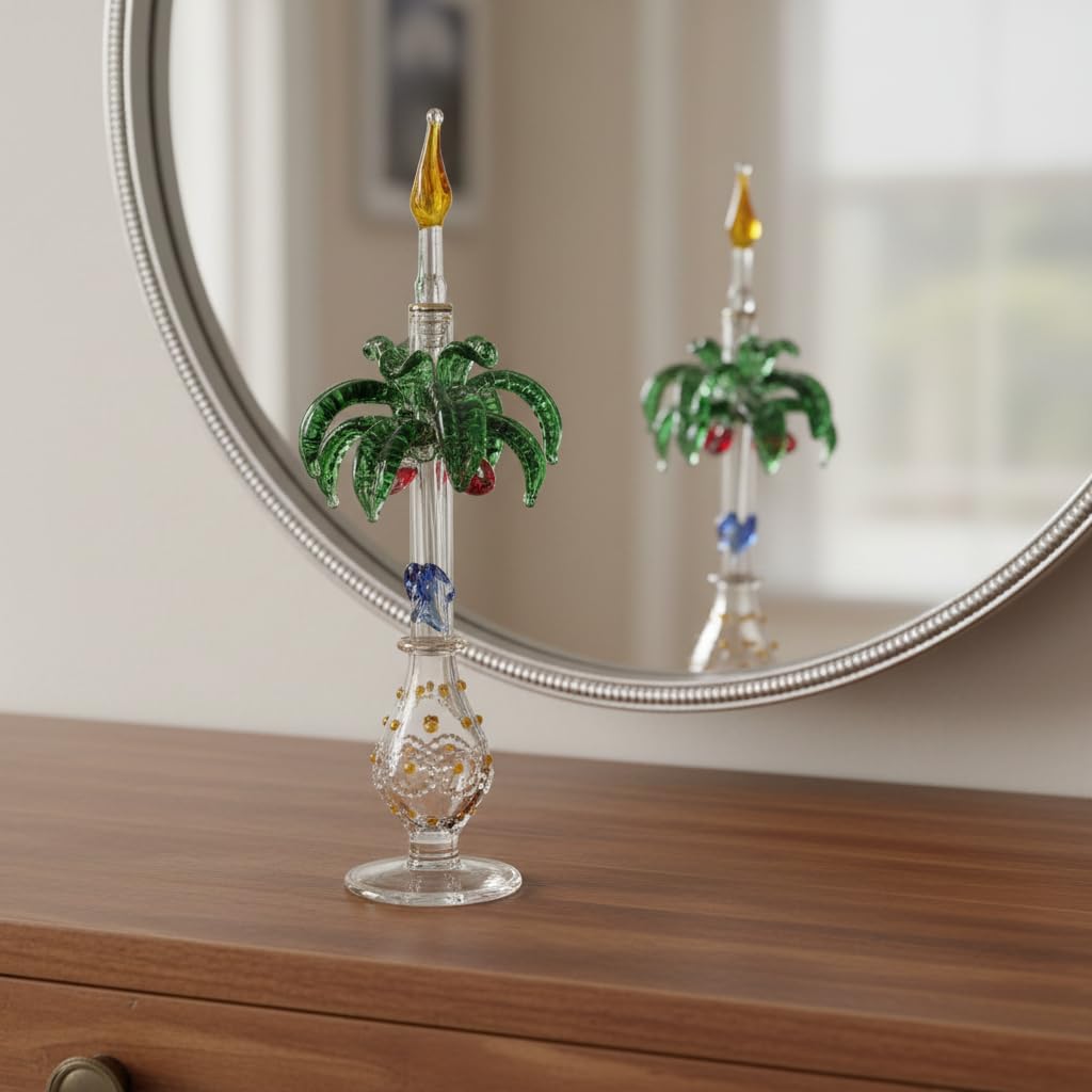 LW5202 Egyptian Artisan Palm Tree Empty Perfume Bottle, Hand-Blown Glass, Clear with Green Accents, Gold Trim, 18cm Decorative Fragrance Container, 20ml