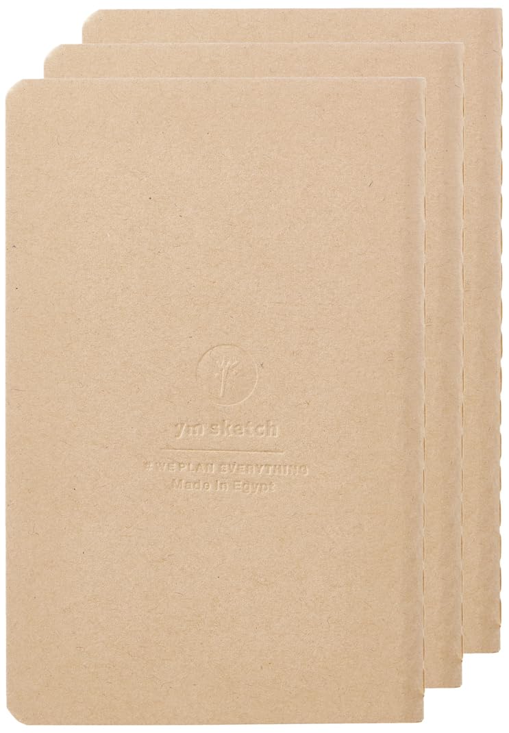 YM Sketch Notebook Journal, Soft cover, Pocket size (9 x 14 cm) Dotted Paper, Kraft Brown, 64 pages (Set of 3) thread stitched