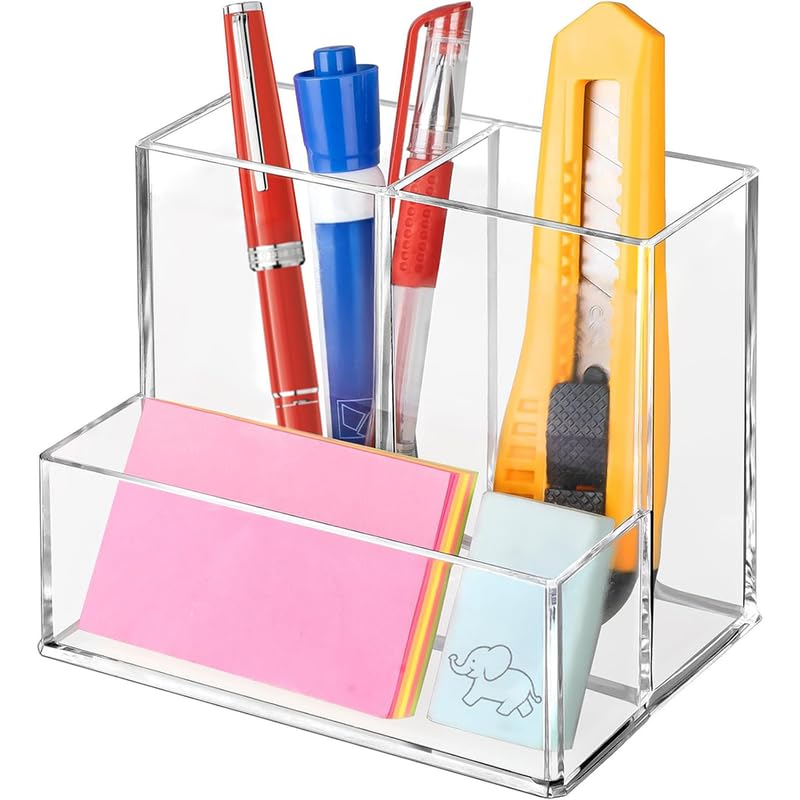 BEST MEDIA-Clear Acrylic Pen and Pencil Holder for Desk, 3-Compartment Marker Organizer for Home, Office, Classroom, and Bathroom Storage-20L x 7W x 9H cm-3-Compartment-1 piece-Clear