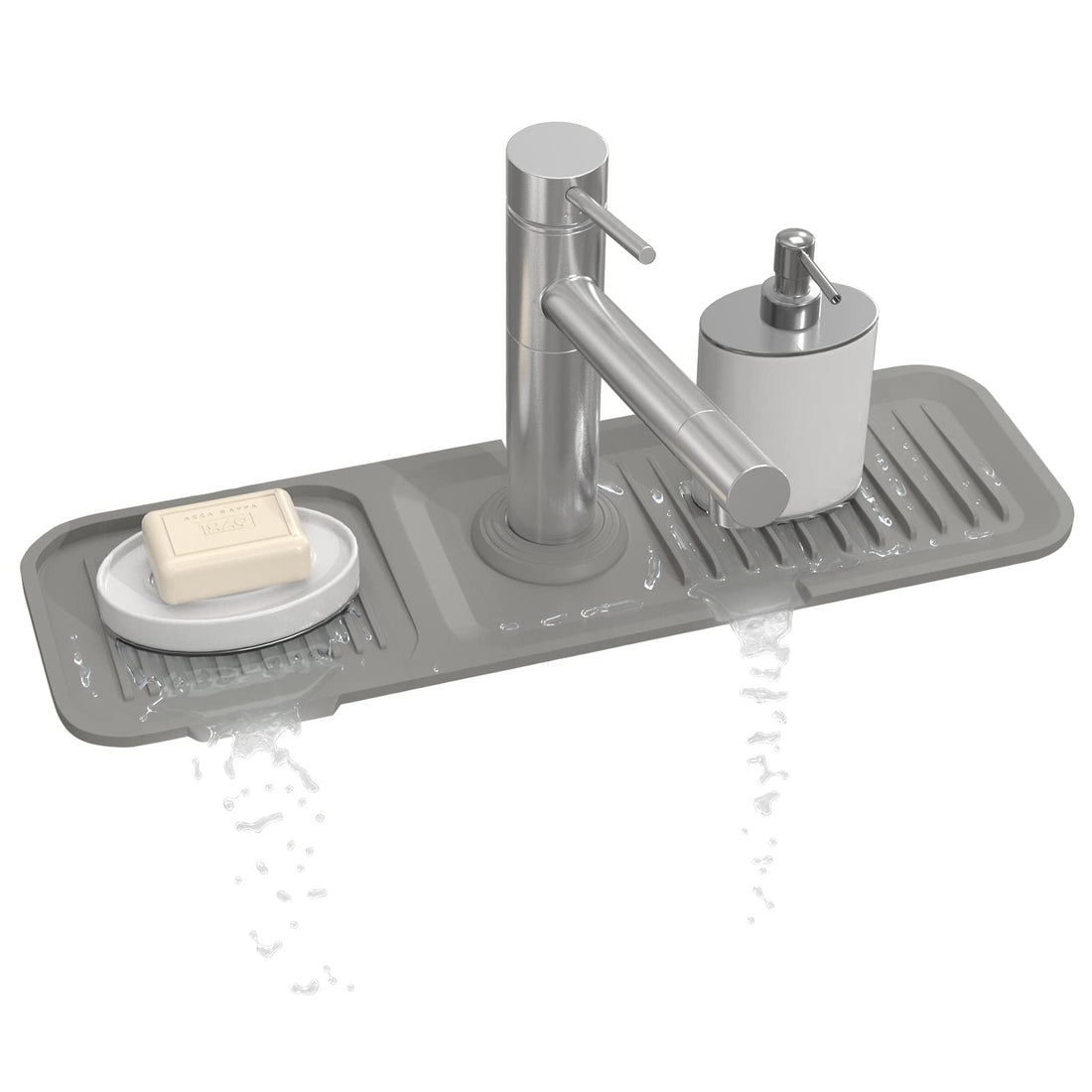 Kitchen Sink Splash Guard 17.7 * 5.5 Inch, Toovem Faucet Handle Drip Catcher Tray, Longer Silicone Sink Faucet Mat, Dish Soap Sponge Holder for Kitchen, Bathroom, Farmhouse, Bar & Rv, Grey