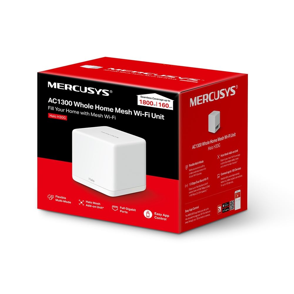 MERCUSYS Halo H30G(1-Pack) AC1300 Whole Home Mesh Wi-Fi System 1.3 Gbps Dual Band WiFi Gigabit Wireless Router 1300 Mbps Speed Coverage, White