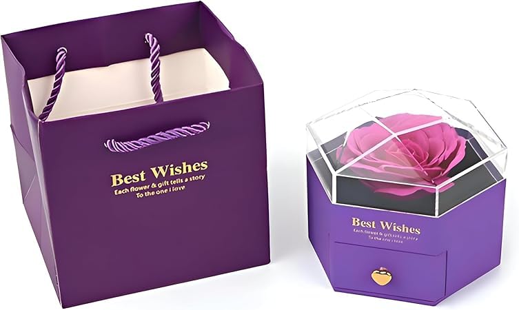 Romance souvenir box - a beautiful hexagonal jewelry holder with eternal flower details, a laptop design for the annual anniversary, and studied gifts (purple)