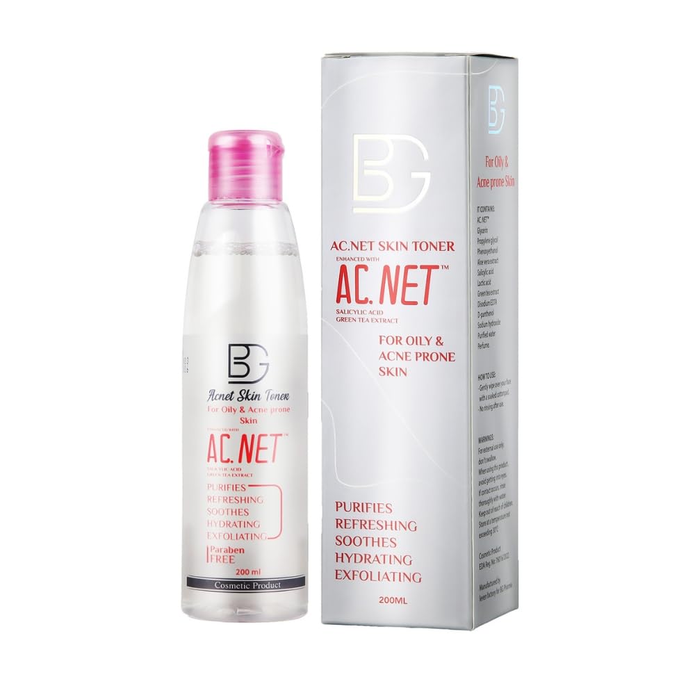 BG AC.NET Skin Toner – 200 ml - anti-bacterial -With Panthenol - Aloe Vera Extract - Lactic Acid & - Minimizes Pores - Prevents Breakouts - And Hydrates Skin
