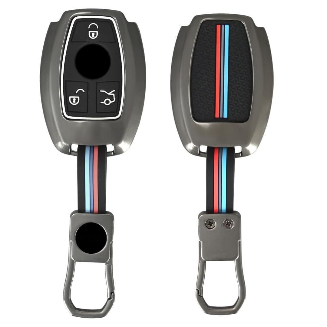 Compatible with Mercedes Benz:CEMS CLS CLK GLK GLC Key Fob Cover with Keychain Full Protection Metal Car Key Case with Keyring Colorful Stripes Sport Pattern