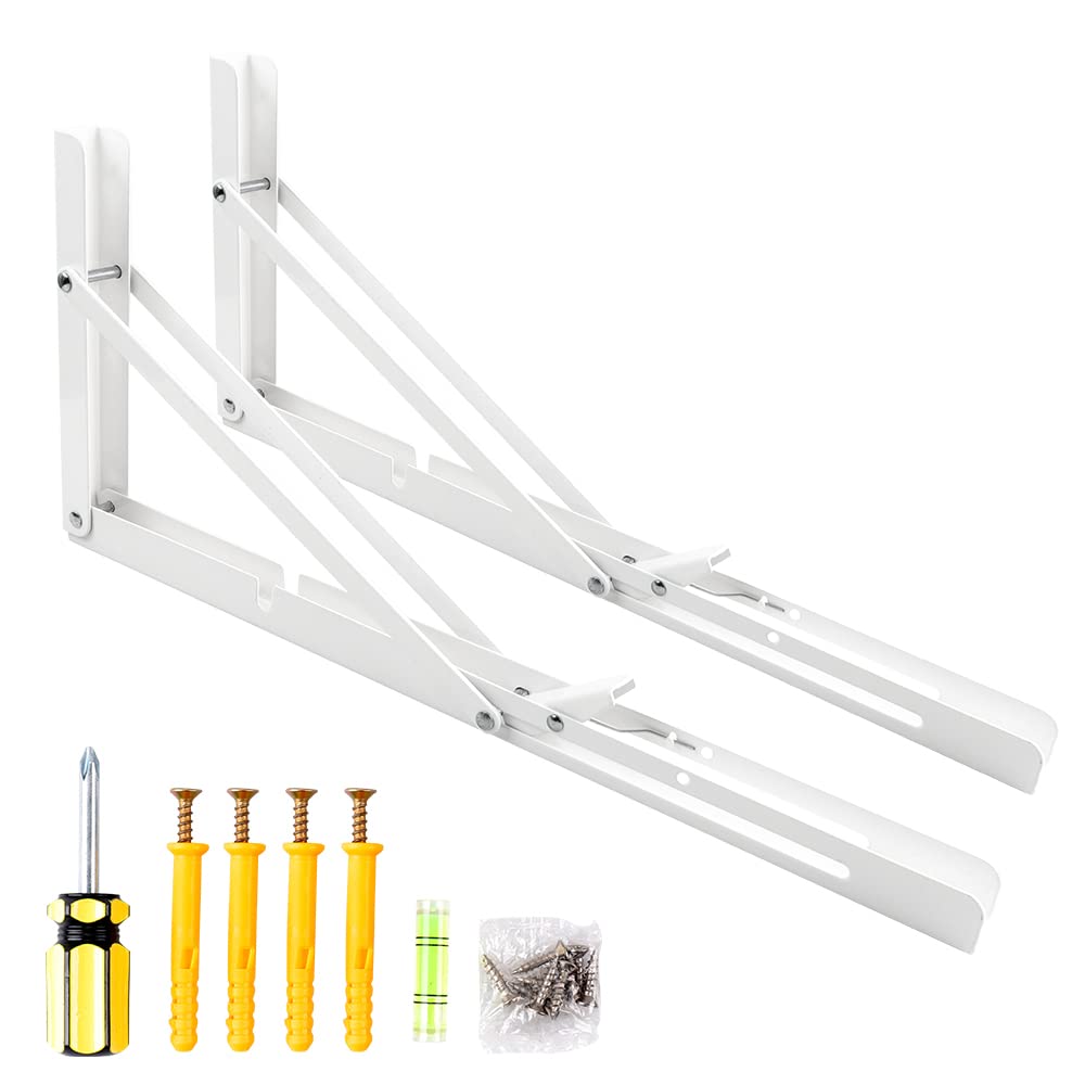 2PCS Folding Shelf Brackets,Heavy Duty Triangle Shelf Bracket for Bench Table,Wall Mounted Standing Shelf Brackets for Saving Place,Multi Size 16" White