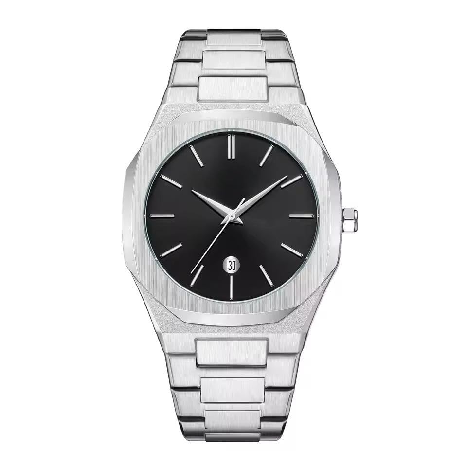 Fashion Men's Wrist Watch, Silver Stainless Steel Case, Black Face, Silver Hands, Date