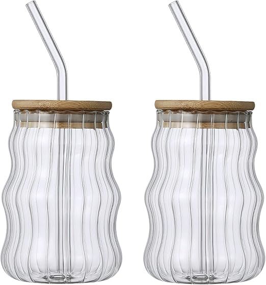 Glass Cup for Drinks Juice Iced Coffee Ripple with Wooden Lid and Straw - 500ml (2)
