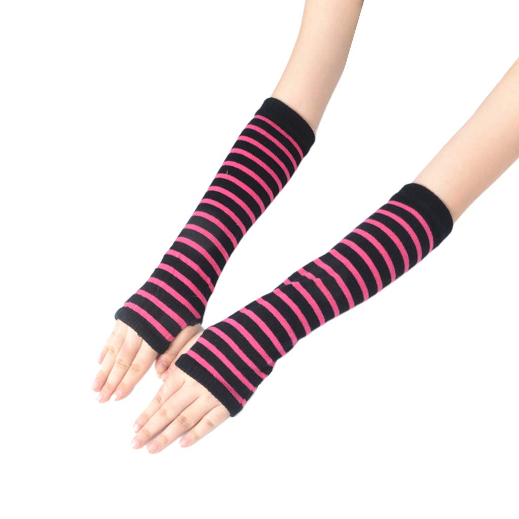 Women Girls Knitted Fingerless Long Gloves Stripes Printed Over Elbow Length Winter Stretchy Arm Warmer Sleeves with Thumb Hole, Rose Red+Black