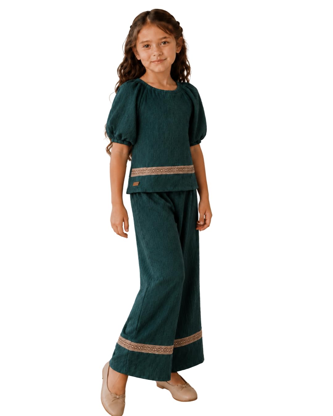 Wonder trim Set Girls' Puff Sleeve Top and Wide-Leg Trouser Set, Embroidered Trim, Red, White, Yellow, blue, dark green and fushia
