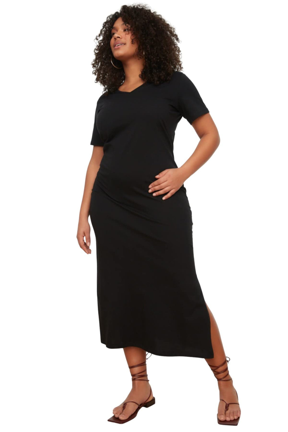 Trendyol Women Black V Neck Slit Maxi/Long 100% Cotton Knit Dress TBBSS22AH0163 Plus Size Dress