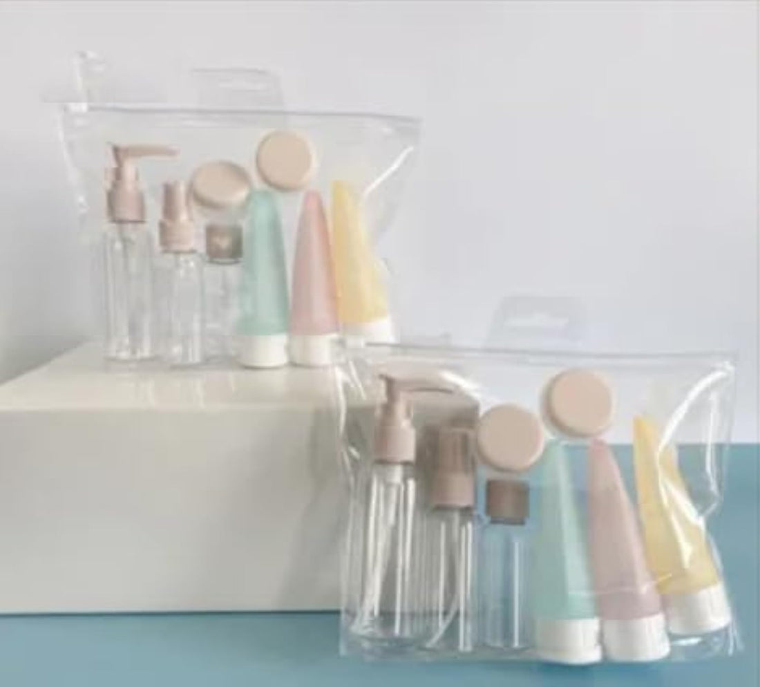 Premium Set Of 9 Pieces Travel Refillable Bottle Set Spray Lotion Shampoo Shower Gel Tube Bottling Cosmetic Empty Liquid Container Portable Tool Refill (Pink)
