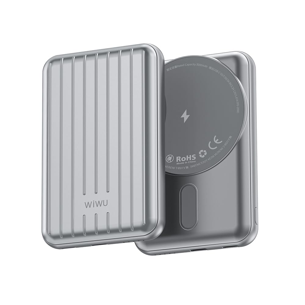 WiWU PP02 Trunk 5000mAh Magnetic Wireless Power Bank, 22.5W Supercharge with Integrated Cables & 15W Wireless Output, Slim Portable Charger for iPhone 15/14/13/12 – Silver | 18M Warranty