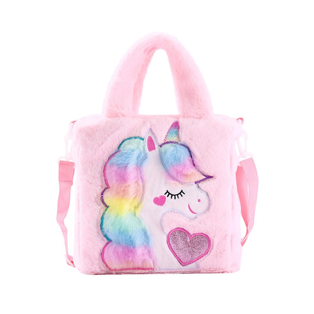 TOMVAES Plush Bag, Fluffy Rainbow Cute Backpack, Fluffy Mini Unicorn Backpack Bags for Girls Kids Travel, Soft Toy Stylish School Supplies Girl’s Dream Gift Diary Kids Toddlers, Pink