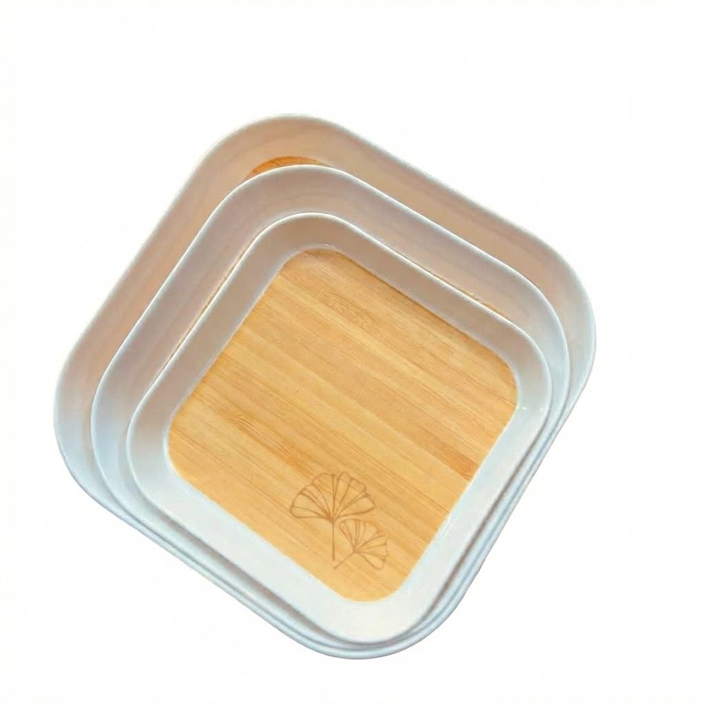 Next Store Nesting Serving Tray Set (3 Piece) with Wooden Texture Base and Botanical Motifs, Round Edge Square Serving Plates for Coffee, Tea, Hospitality.
