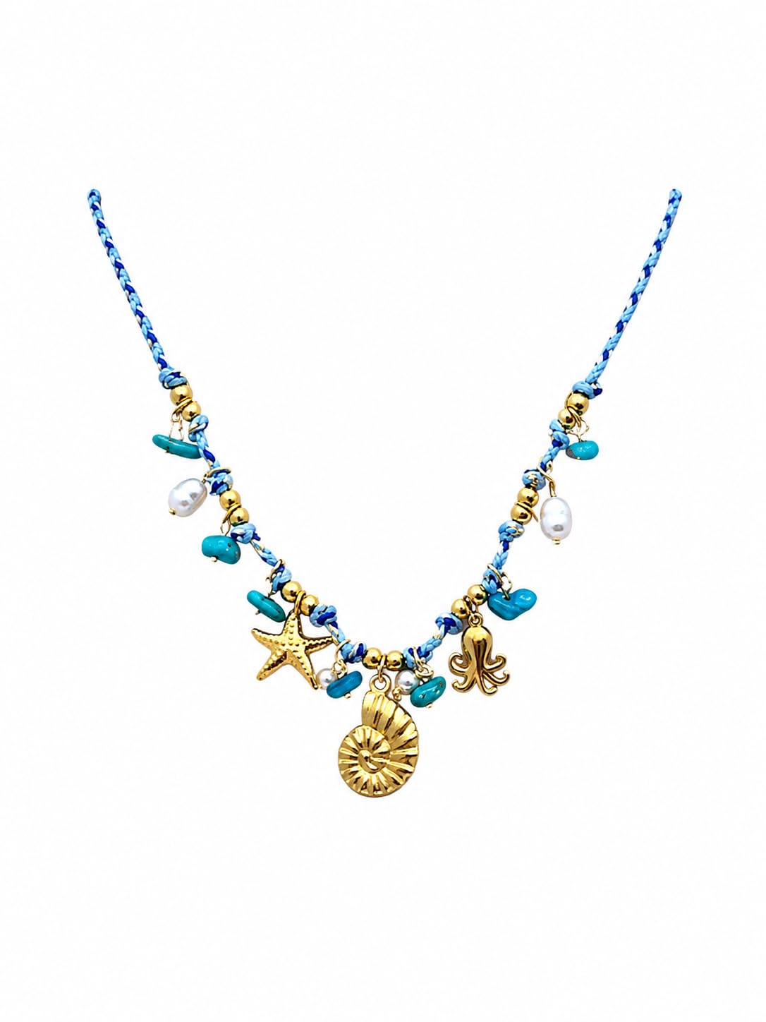 A necklace inspired by the depths of the sea, with enchanting turquoise details, starfish charms, and golden shells for a vibrant and elegant summer look.