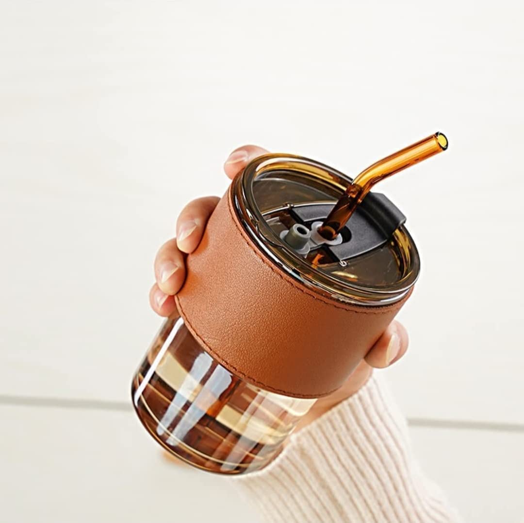Whitecloud TRANSFORMING HOMES Classy & Reusable Coffee Mug 360ml Glass Tumbler with Heat-Resistant Protective Sleeve and Straw (GT-3002Y, Yellow) (Pack of 1)