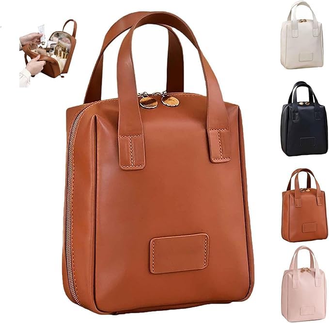 Happy Home Portable Cosmetic Bag | PU Leather Bags | Large Makeup Bag, Waterproof Travel Bag, Women Cosmetic Bag, Travel Makeup Bag, Portable Storage Bag, Makeup Bag (brown)
