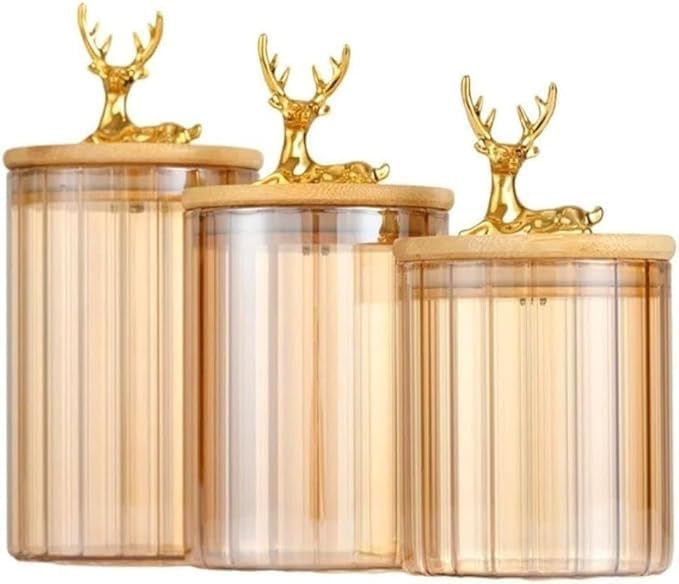 Glass Storage Jars Set with Wooden Lids and Gold Deer Handles,Clear Glass, Ghazal Shape,3-Piece