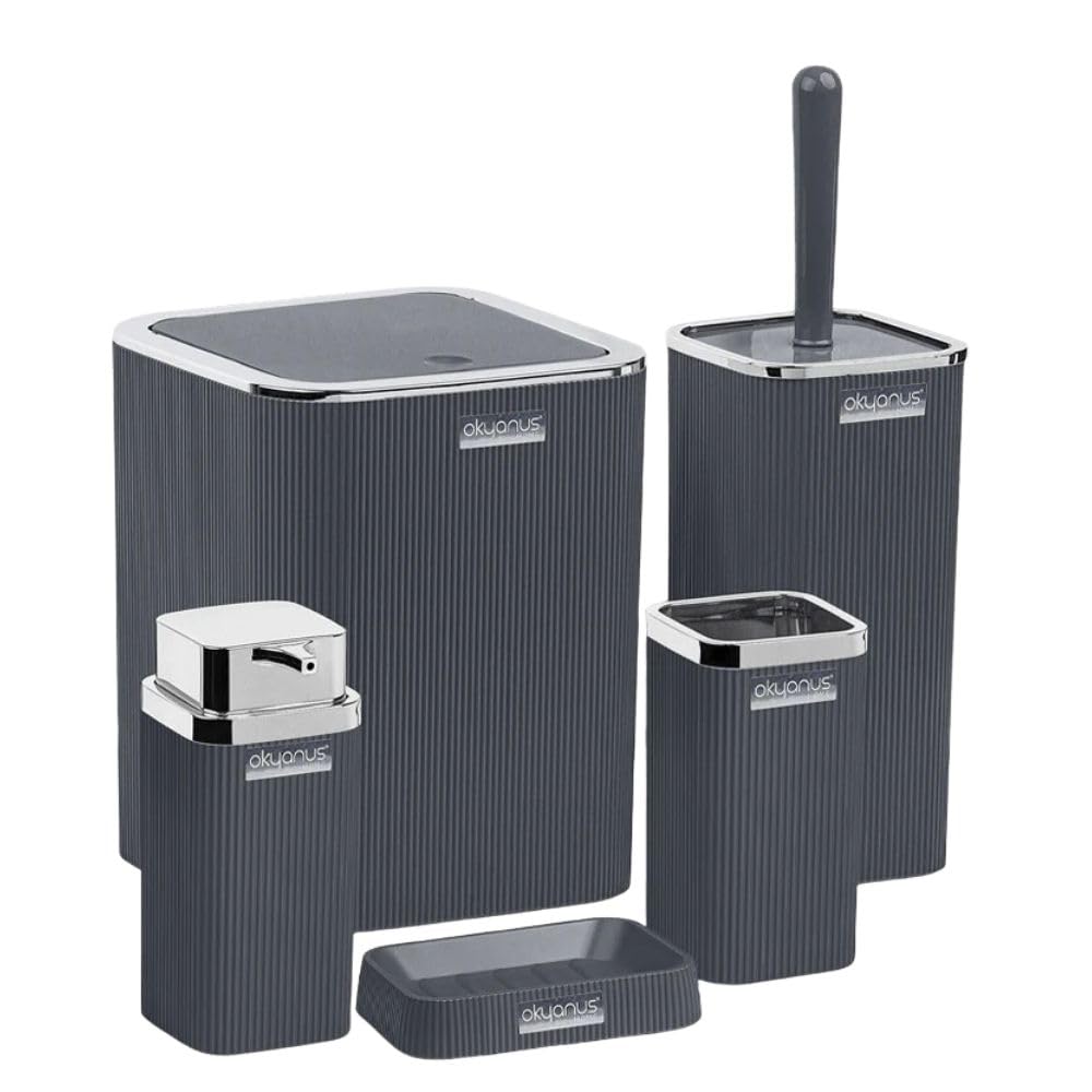 Stella Chrome Bathroom Accessories Set, 5 pieces Set, Toilet Brush, Liquid Soap Dispenser, Trash Waste Bin, Tooth Brush and Paste Holder, Soap Dish Cup. (Grey)