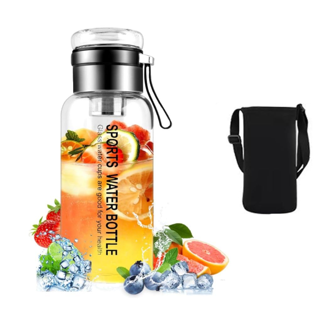 750ml Borosilicate Glass Water Bottle with Heat Neoprene Integrated Carry Cover, Stainless Steel Infuser Filter, Silicone Handheld,Ideal for Fruit Infusions & Loose Leaf Tea, Leak-Proof Design