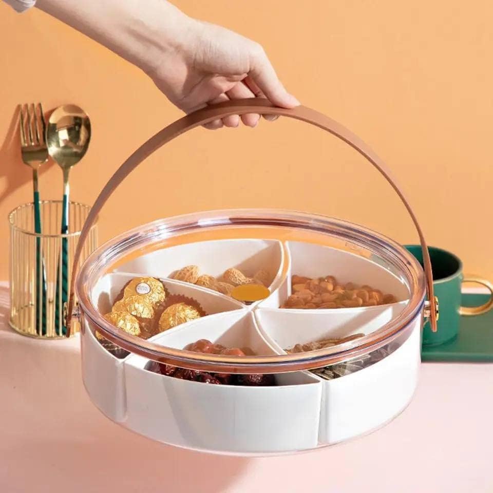 Round Tasley Plate,Transparent Storage Box with Handles and Divided Barriers for Serving Nuts Chocolate Dried Fruits (5 Compartments)