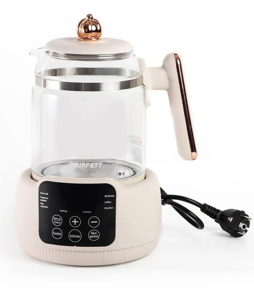 Glass Electric Tea Kettle with Digital Display, 1.5 Liter Capacity, White and Gold