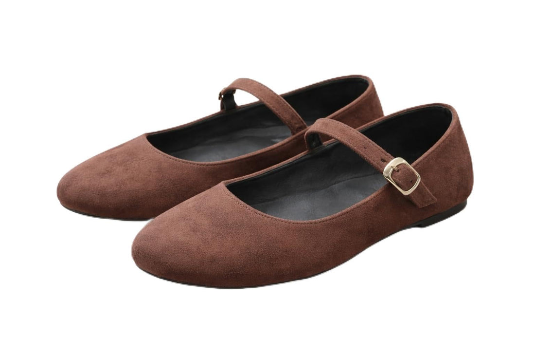 Women’s Ballerina Mary Jane Flat Shoes – Brown Suede Look Ballet Flats with Adjustable Strap & Silver Buckle – Comfortable Everyday Casual Shoes (41)