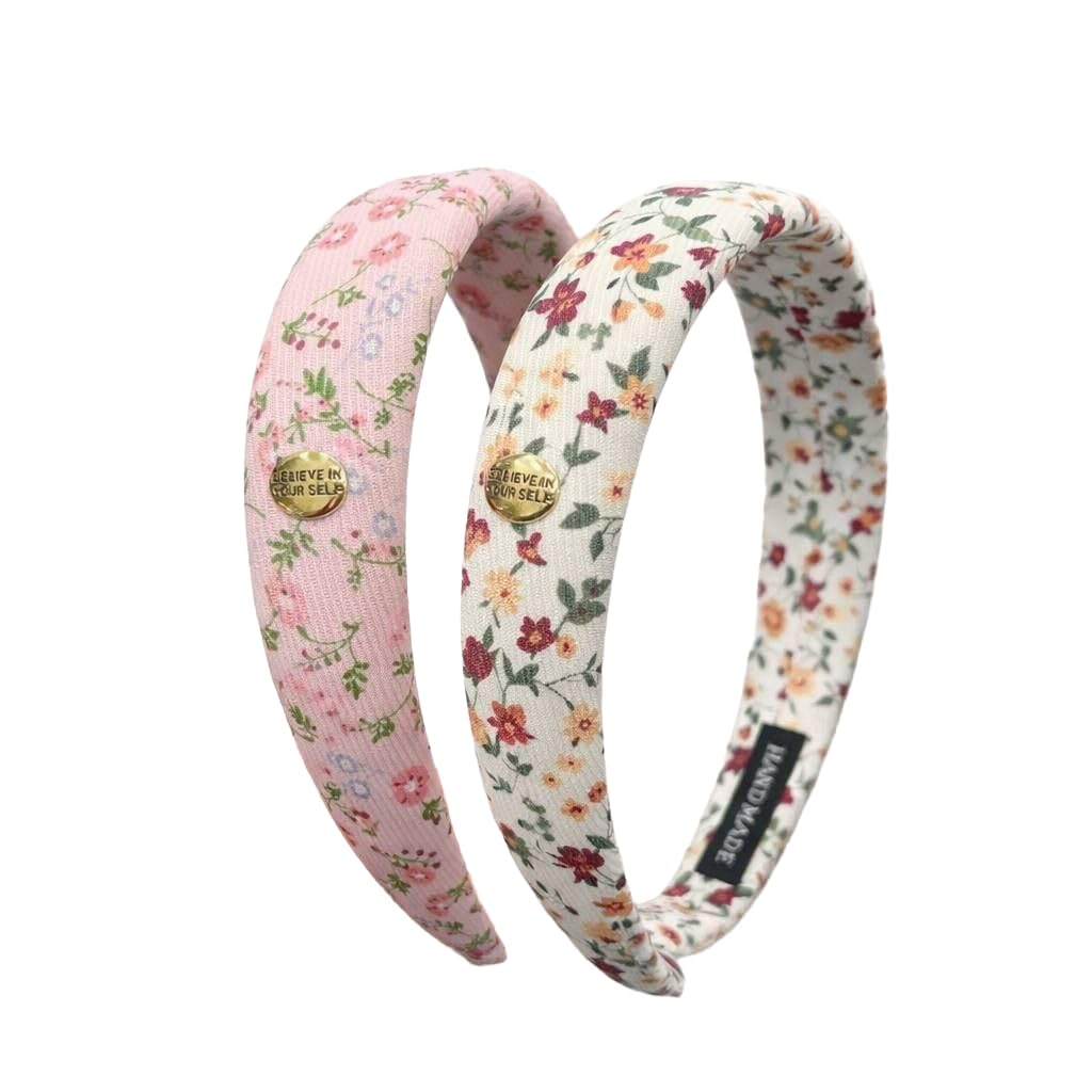Women’s 2 Piece Acrylic Headband with Floral Printed Fabric Size 12 cm - Stylish Fashion Hair Accessory, Comfortable Fit (Chashmere & Off White)